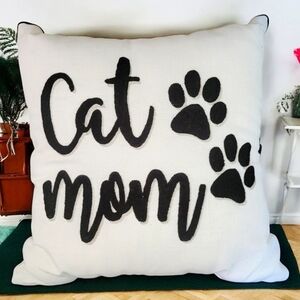 NWOT Cat Mom Throw Pillow Black Piping Raised Text & Paw Prints Silver Rope Trim